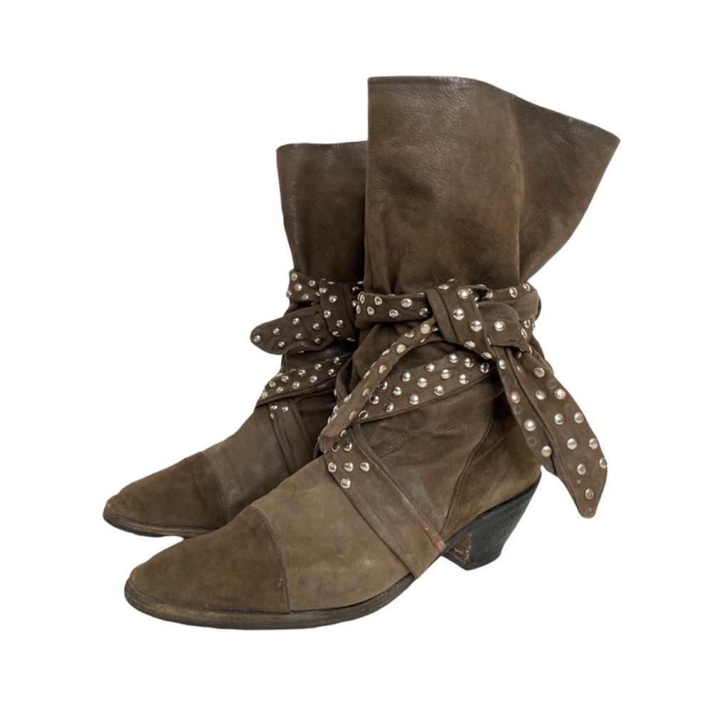 Vintage 80s Slouchy Leather Suede Booties Wraparound Studded Tie Straps Brown 7